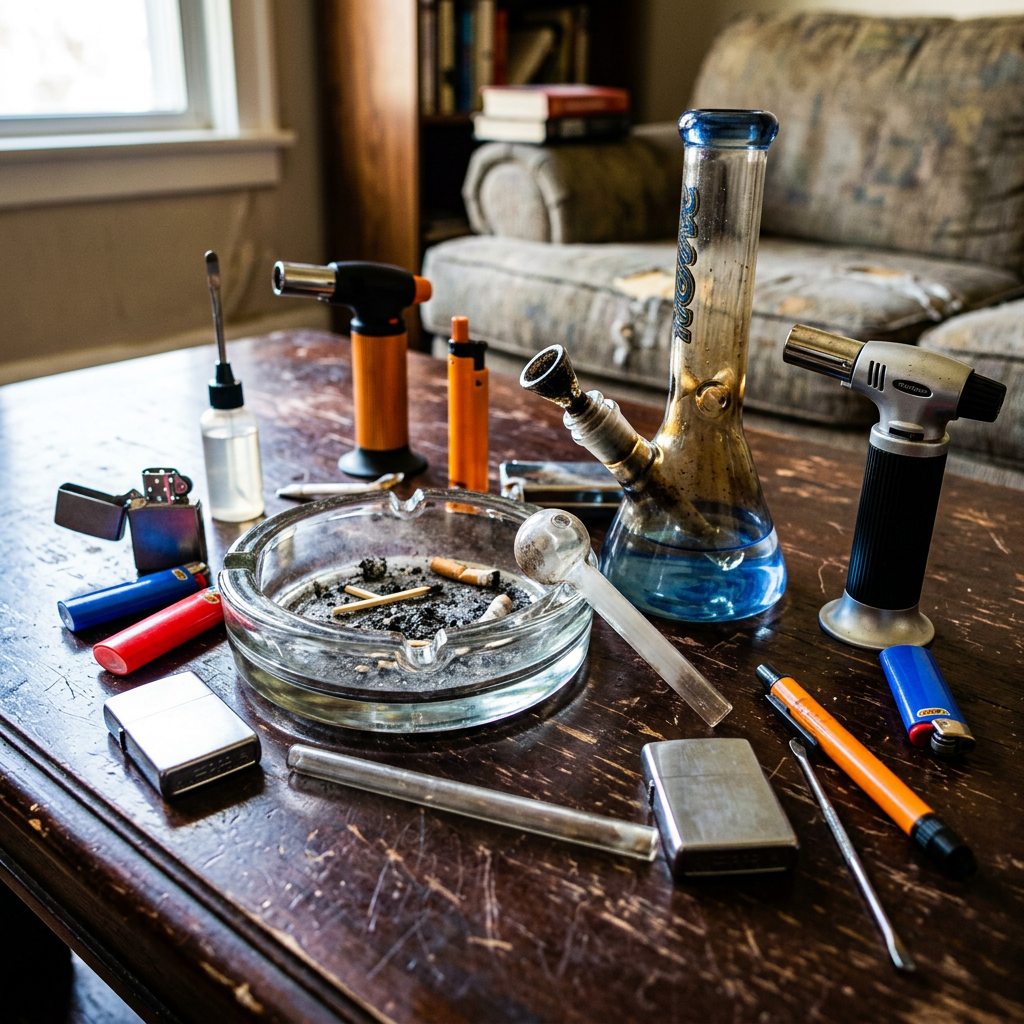 Glass water pipe and smoking accessories arranged on a wooden table
